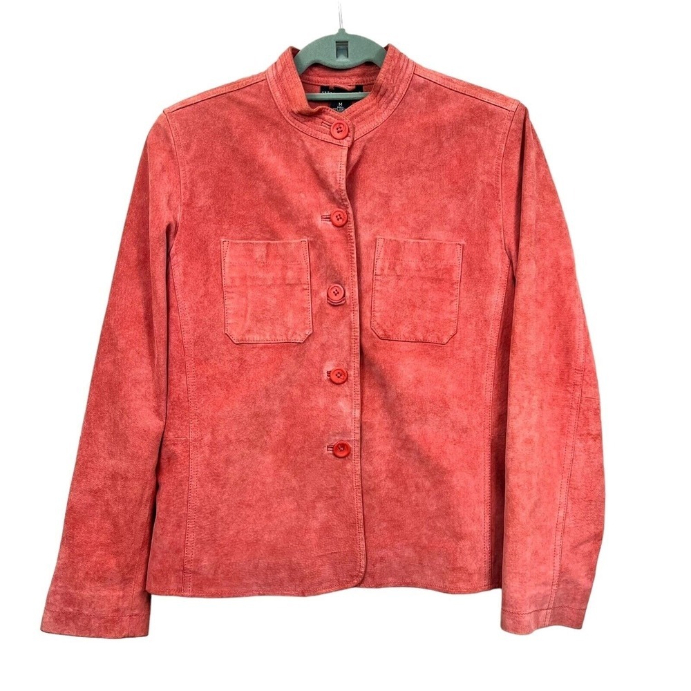 State Ments Womens Suede Jacket Mock Collar Button Up Pockets Lined Corral Sz M*